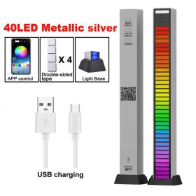RGB Sound Control Pickup Lights APP Control Music Rhythm Light Colorful Atmosphere Light for Game Computer Desktop Decora lights (Emitting Color: 40LED Silver Battery1)