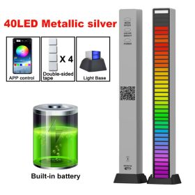 RGB Sound Control Pickup Lights APP Control Music Rhythm Light Colorful Atmosphere Light for Game Computer Desktop Decora lights (Emitting Color: 40LED Silver Battery3)