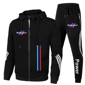 For Bmw Men's Casual Sports Suit Zipper Hooded Jacket + Pants Tracksuit Sweatshirt Casual Male Set (Color: Black, size: XL)